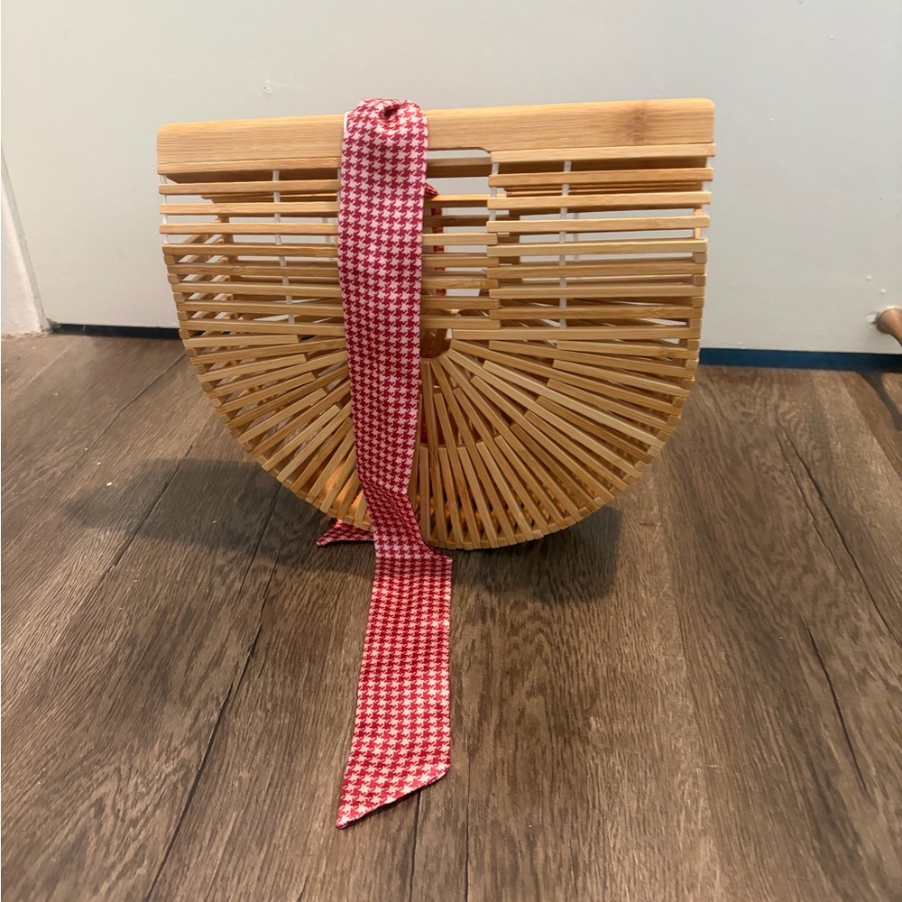 Half-Moon Bamboo Woven Handbag with Red Houndstooth Scarf